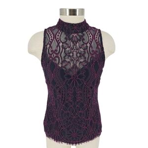 White House Black Market Shirt Two Tone Lace Sleeveless Sheer High Neck 4